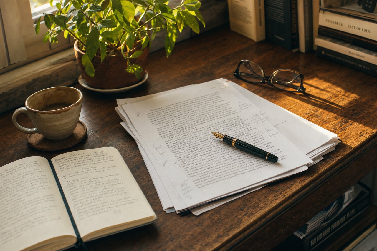 A wooden writing desk in a small home study, golden afternoon light from a side window. On the desk: a stack of printed manuscript pages with handwritten margin notes, a fountain pen, an open notebook, a half-finished cup of coffee, and a small green plant.
