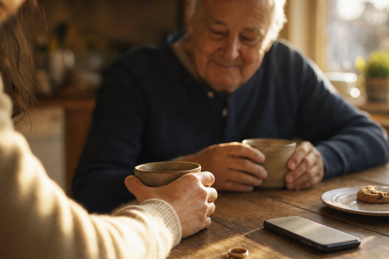 An adult son or daughter and their elderly parent in the kitchen at home, both holding a cup, laughing at something the parent has just said. Warm afternoon light comes through the window. On the table there's a phone face-down, unobtrusively, suggesting the conversation is being captured without anyone paying attention to the device.