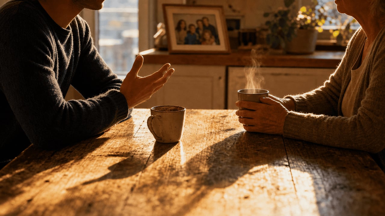 Zwei Personen unterschiedlicher Generationen sitzen am Abend an einem Holztisch. Goldenes Licht fällt seitlich ein und beleuchtet zwei dampfende Kaffeetassen. Die ältere Person hält ihre Tasse mit beiden Händen; die jüngere spricht und gestikuliert. Im Hintergrund, sanft unscharf, ein gerahmtes Familienfoto.