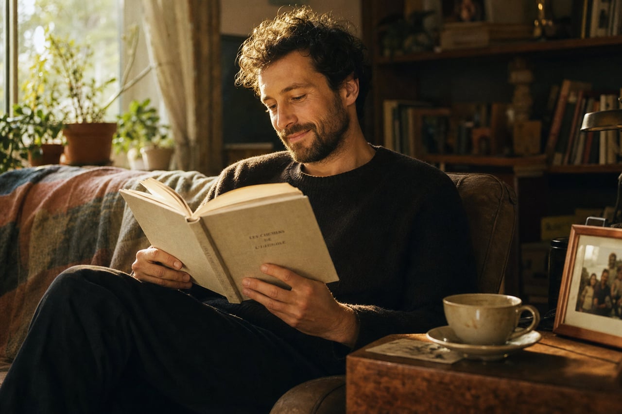Un jeune adulte assis sur un canapé usé dans un salon habité, tenant à deux mains un livre relié ouvert, lisant avec une expression chaleureuse et douce et un sourire silencieux de reconnaissance. Lumière dorée de fin d'après-midi à travers une fenêtre latérale. Sur une table voisine, une tasse de thé et une photo de famille encadrée.