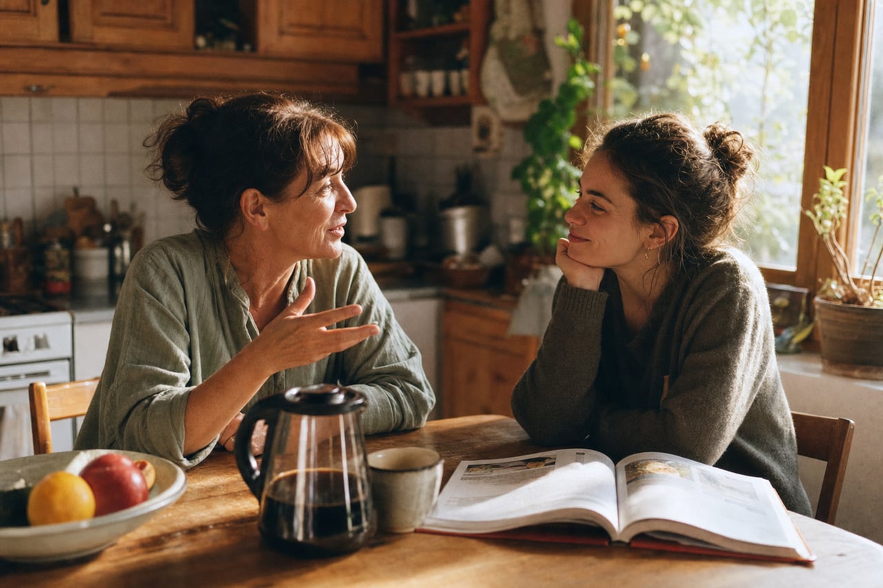 A mother and her young adult daughter at a kitchen table in morning light, in conversation. The mother talks and gestures; the daughter listens with her chin resting on a hand and a soft smile. On the table, a coffee pot, a cup, an open book, and a fruit bowl.
